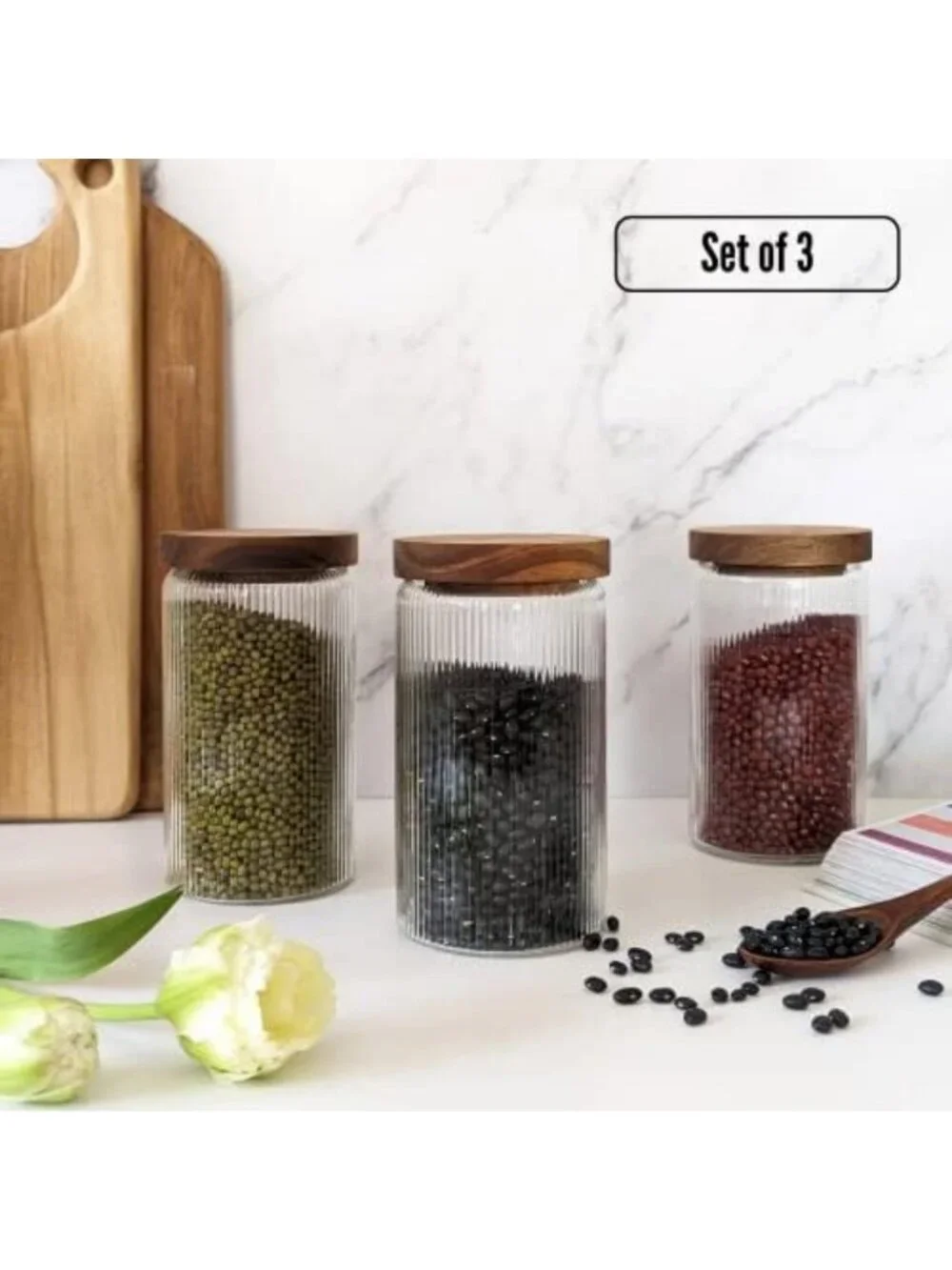 Ribbed Glass Storage Jars with Wooden Lids - Set of 3, Airtight Canisters for